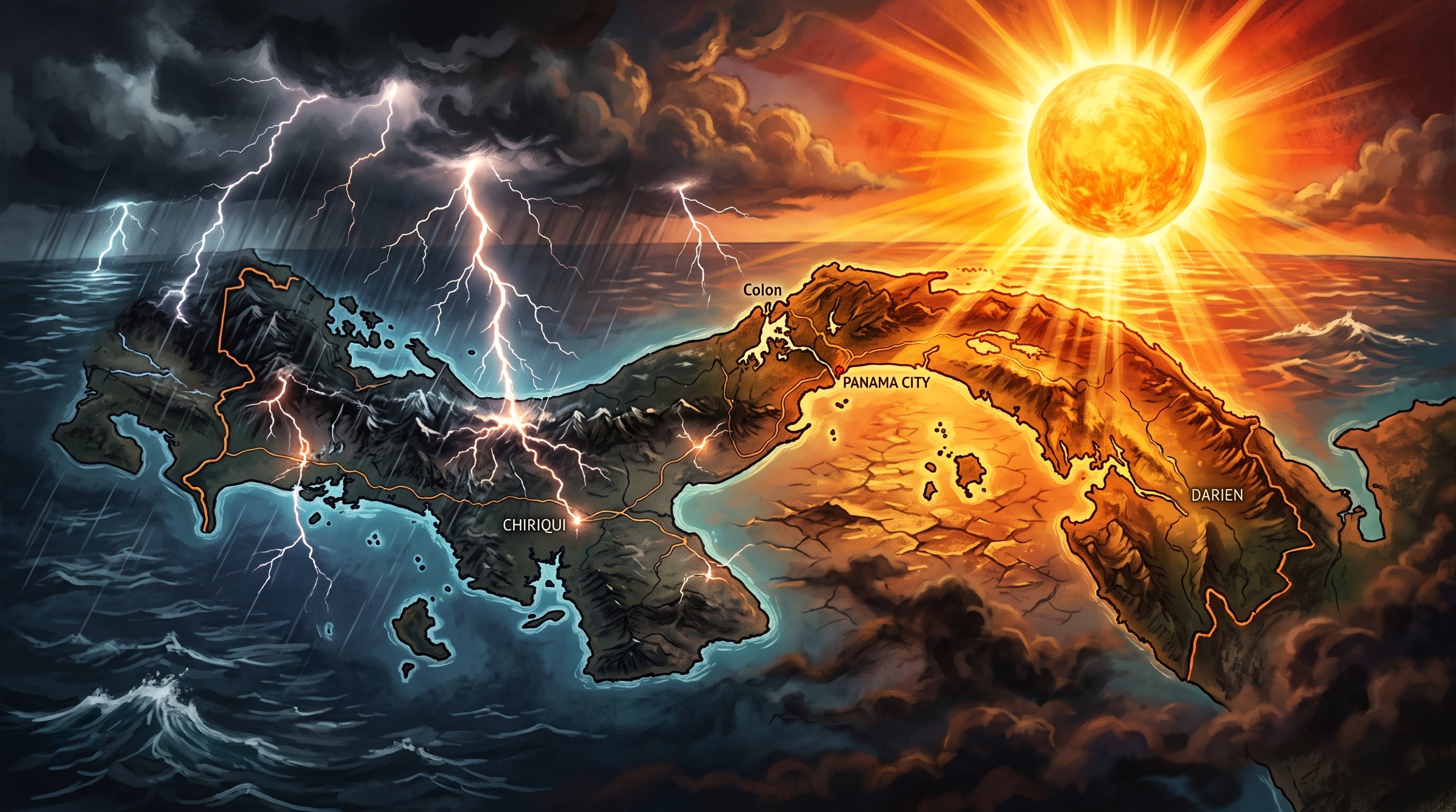 Una ilustración del mapa de Panamá divide el territorio entre tormentas eléctricas con lluvia en el oeste y un intenso sol sobre tierra agrietada en el este. (Imagen Ilustrativa Infobae)
