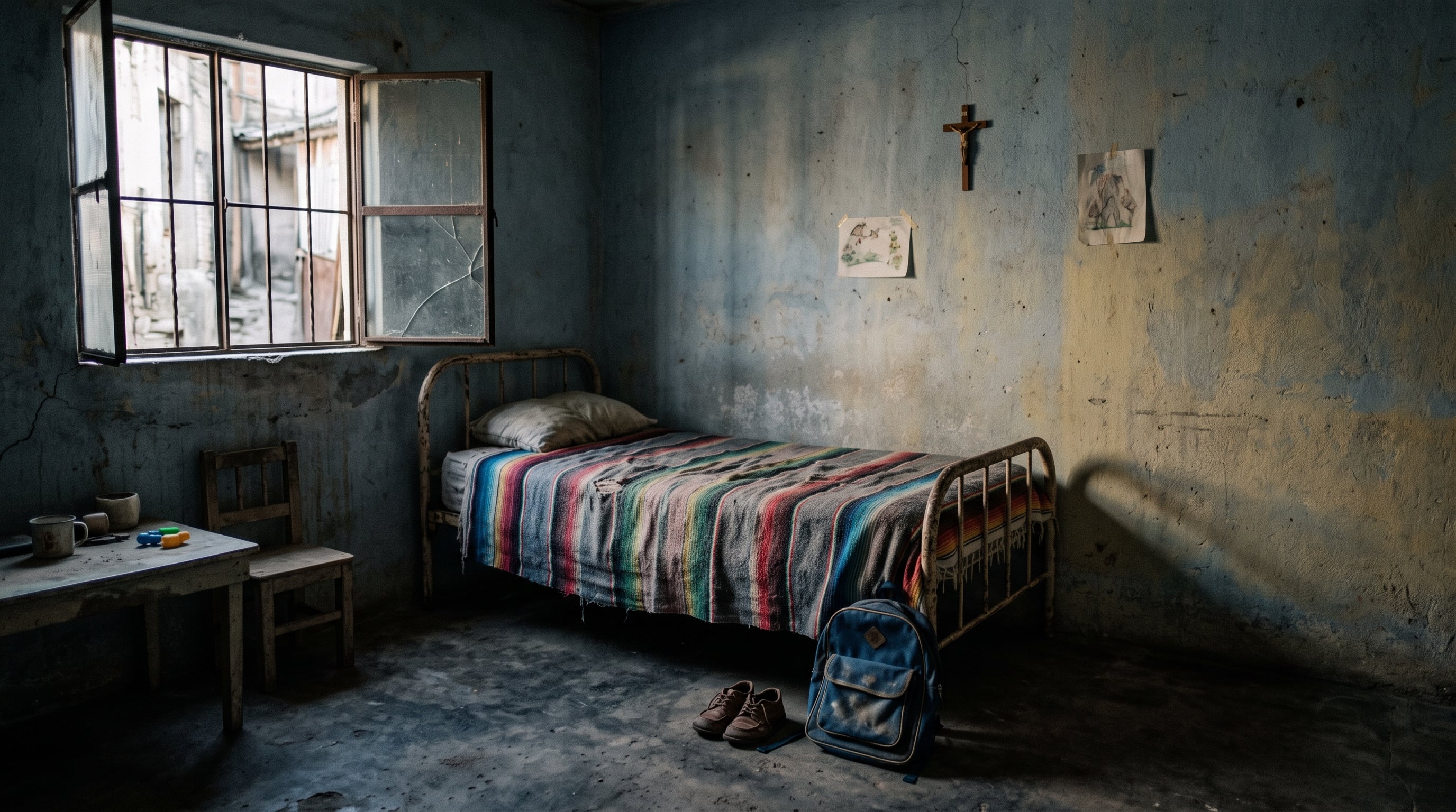 Una habitación infantil en una vivienda de México permanece vacía con una cama metálica, una mochila azul y un par de zapatos en el suelo. (Imagen Ilustrativa Infobae)