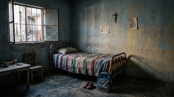 Habitación con paredes azuladas, cama de metal con cobija de rayas, mochila azul y zapatos de niño en el suelo junto a una ventana abierta.