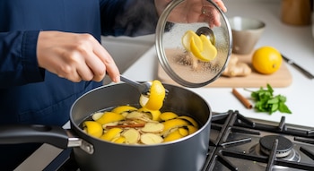 Primer plano de una persona en una cocina, sosteniendo una tapa y un tenedor sobre una olla hirviendo con cáscaras de limón, jengibre y canela.