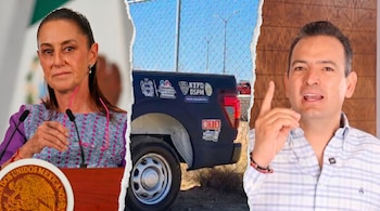 Montaje con Claudia Sheinbaum a la izquierda, un vehículo policial azul con insignias en el centro y un hombre gesticulando a la derecha.