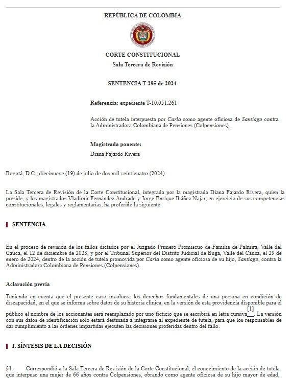 La Sentencia T-295/24 de la Corte Constitucional brinda protección constitucional cuando se trata de personas en situación de discapacidad - crédito Corte Constitucional