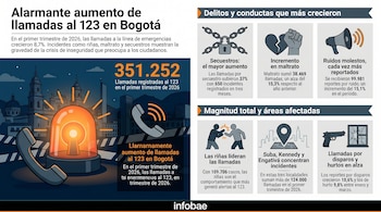 Infografía sobre aumento de llamadas al 123 en Bogotá. Muestra una sirena, teléfono, skyline y gráficos de secuestros, maltrato, ruido, riñas, zonas y hurtos.