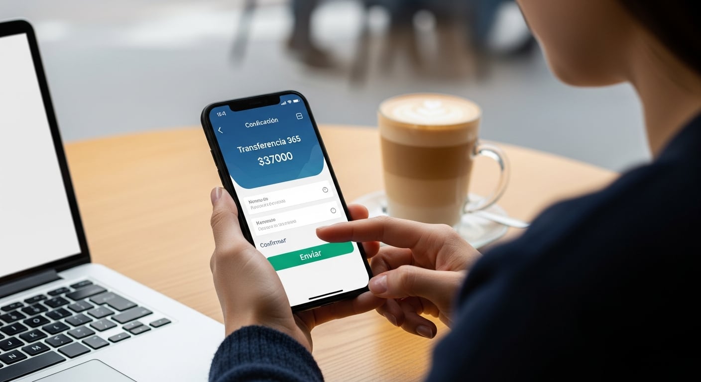 Una persona realiza una Transferencia 365 de $37000 a través de su smartphone mientras disfruta de un café, demostrando la comodidad de la banca digital actual. (Imagen Ilustrativa Infobae)
