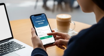 Primer plano de una persona usando un smartphone para enviar una Transferencia 365. Se ven sus manos, el teléfono, un laptop y una taza de café.
