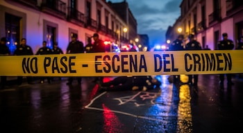 Cinta amarilla con la leyenda "NO PASE - ESCENA DEL CRIMEN", varios oficiales de policía de pie y un cuerpo en el suelo, en una calle de noche.