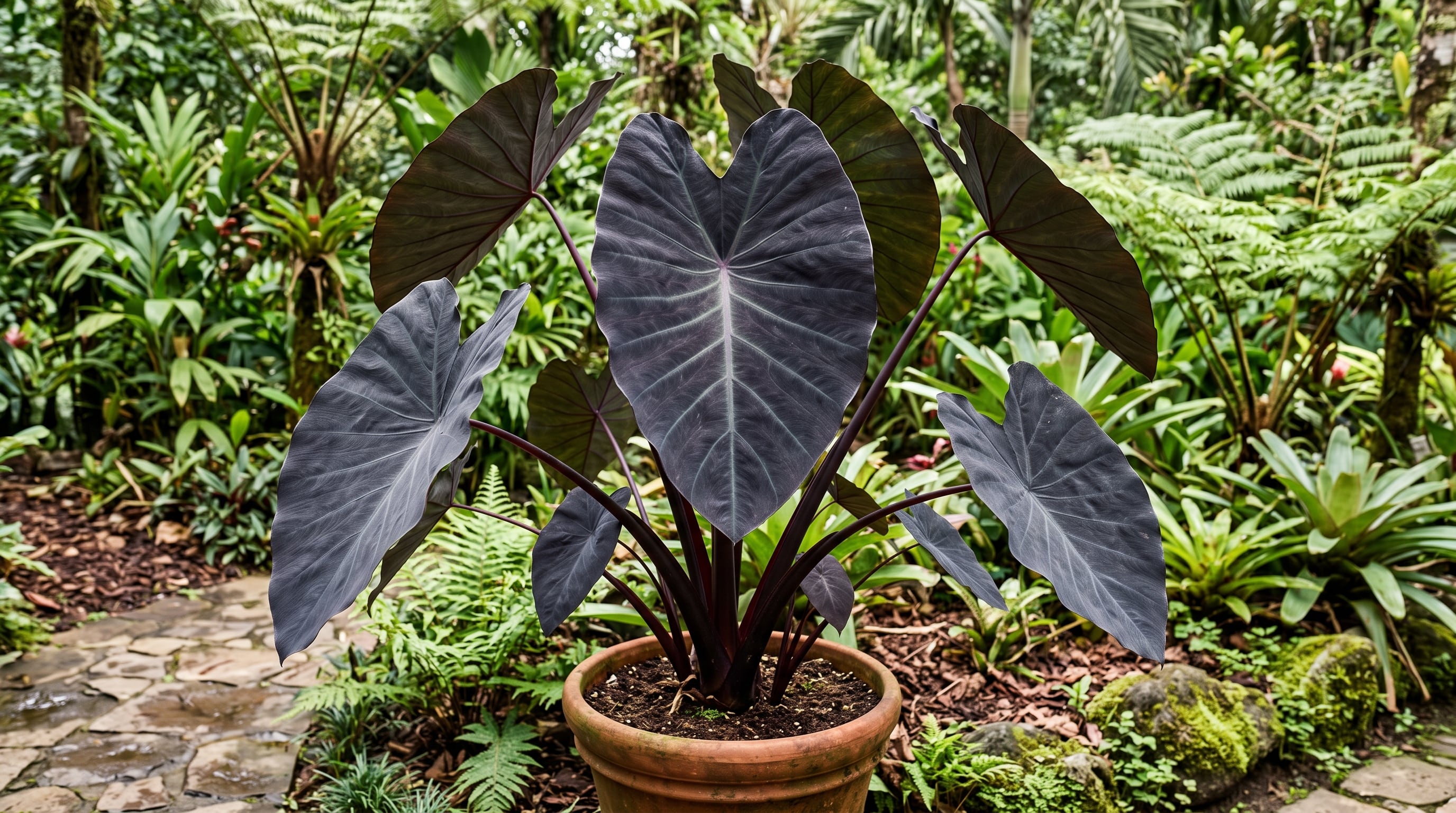 Una planta de oreja de elefante negra de la variedad Colocasia esculenta Black Magic crece en una maceta dentro de un jardín tropical. (Imagen Ilustrativa Infobae)