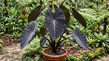 Planta con grandes hojas de color morado oscuro en una maceta de barro rodeada de vegetación verde.
