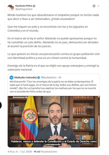 El presidente Gustavo Petro rechazó postura de Abelardo de la Espriella de buscar que sea investigado - crédito @petrogustavo/X