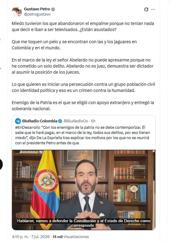 El presidente Gustavo Petro rechazó postura de Abelardo de la Espriella de buscar que sea investigado - crédito @petrogustavo/X