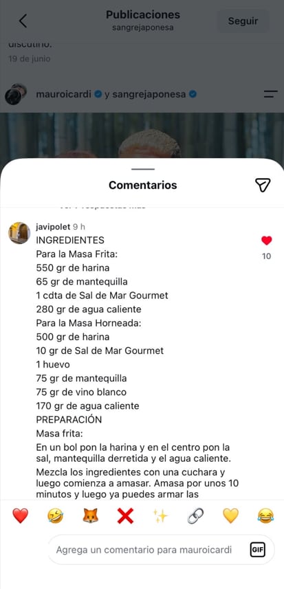 Los posteos de la pareja se vieron bombardeados de recetas regionales (Gentileza Karen Cordovez)