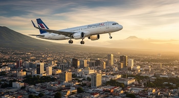 Un avión blanco de BermudAir vuela bajo sobre una ciudad con edificios modernos y montañas al fondo, bajo un cielo naranja y azul al atardecer.