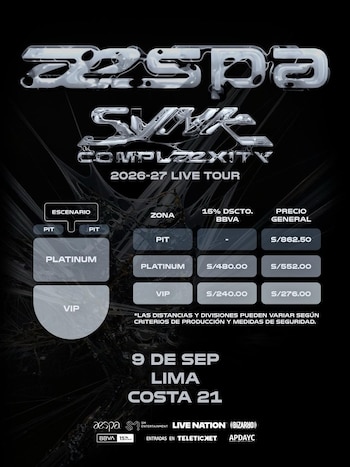 Póster de Aespa en Lima con logo SYNK: COMPLæXITY 2026-27, fecha 9 de septiembre, lugar Costa 21 y tabla de precios de entradas por zona