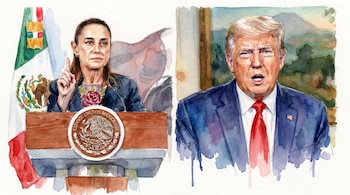 Ilustración en acuarela de Claudia Sheinbaum junto a una bandera mexicana en un podio, y Donald Trump con traje azul y corbata roja en un fondo borroso.