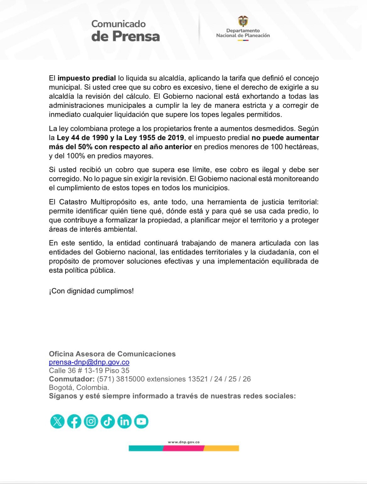 El Departamento Nacional de Planeación hizo un llamado a la ciudadanía sobre el impuesto predial - crédito Oficina Comunicaciones DNP