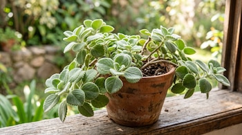 Una maceta de barro con una planta verde de hojas carnosas reposa sobre una repisa de madera junto a una ventana.