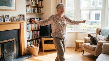 Mujer de cabello gris sonriendo y bailando en un salón iluminado con ventanas grandes, una chimenea, estanterías con libros y un gato atigrado en un sillón.
