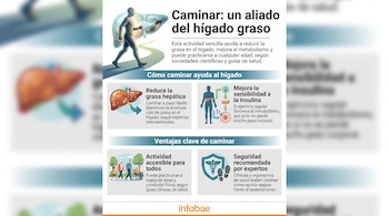 Infografía de salud con figura humana caminando, hígado con grasa, íconos de beneficios para el metabolismo y actividad física. Contiene texto y logo Infobae.
