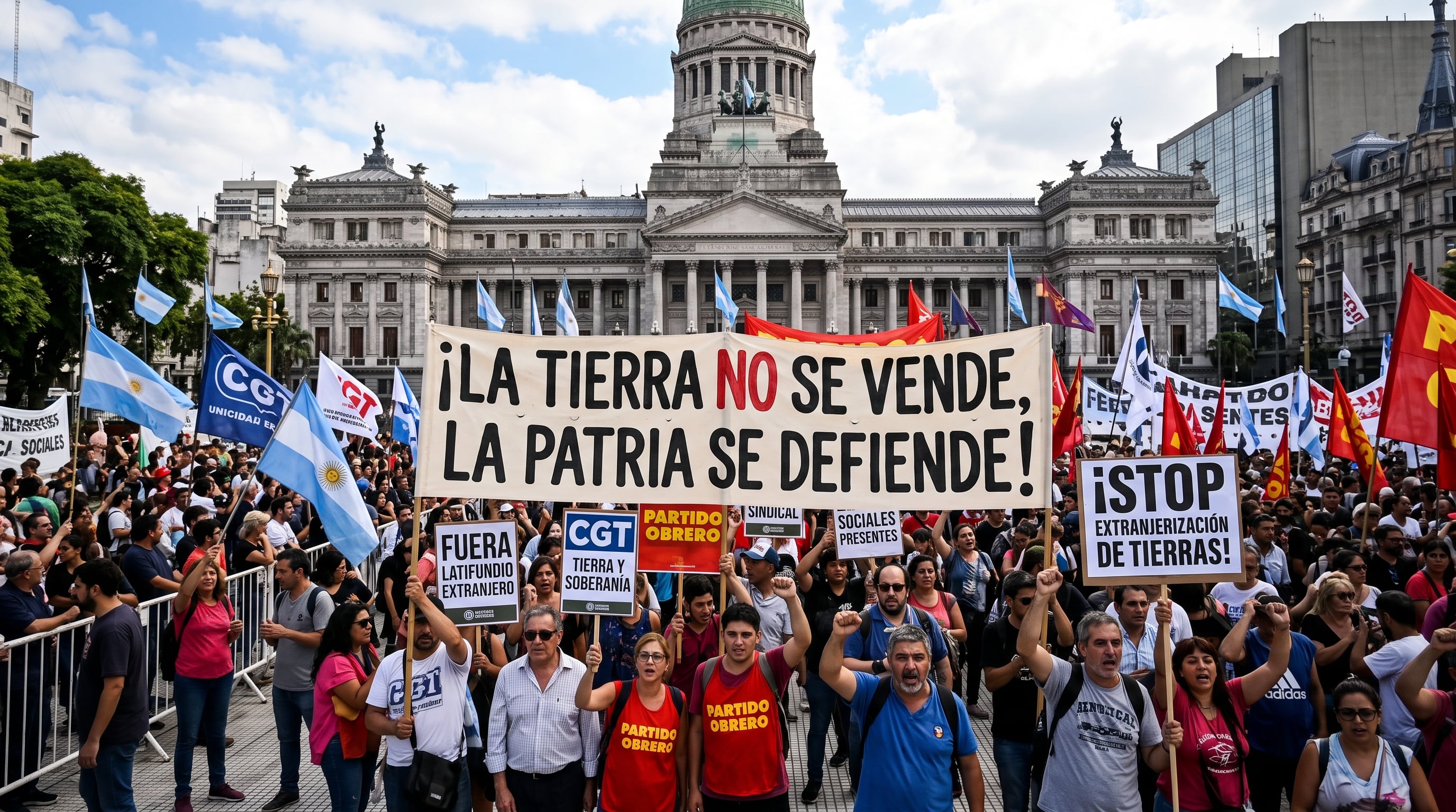 Manifestantes de organizaciones sindicales, sociales y de izquierda protestan frente al Congreso de la Nación Argentina contra la extranjerización de tierras (Imagen Ilustrativa Infobae)