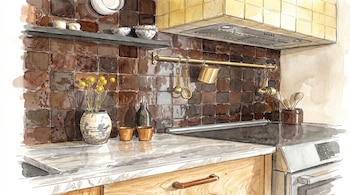Ilustración de una cocina con encimera de mármol, azulejos marrones, campana extractora, horno, utensilios de cocina colgantes y un jarrón con flores amarillas.