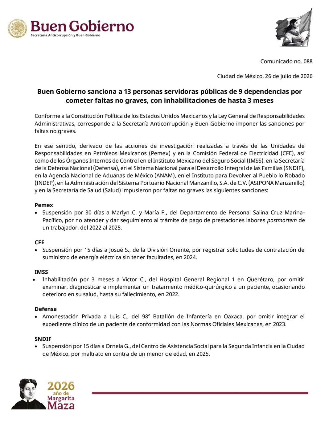 Las Unidades de Responsabilidades y los Órganos Internos de Control en el IMSS, la Defensa Nacional, el SNDIF, la ANAM, el INDEP, ASIPONA Manzanillo y Salud integran los expedientes que derivan en castigos