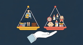 Ilustración de una balanza con una mujer con libros y portafolio en un lado y bebés, biberones y objetos domésticos en el otro, sostenida por una mano.