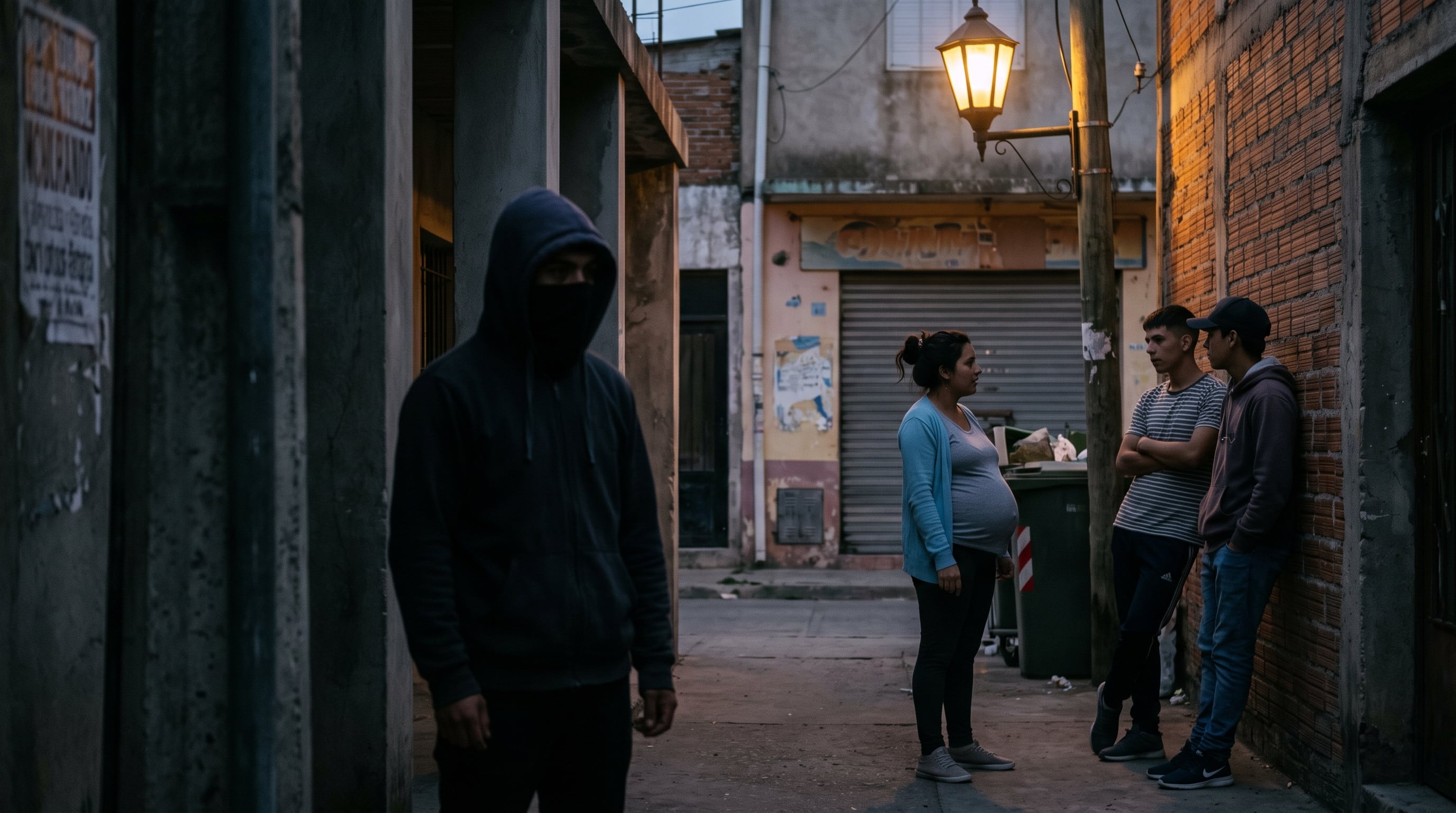 Un sicario encapuchado permanece en las sombras mientras una mujer embarazada conversa con dos jóvenes bajo la luz de un farol en una calle urbana. (Imagen Ilustrativa Infobae)