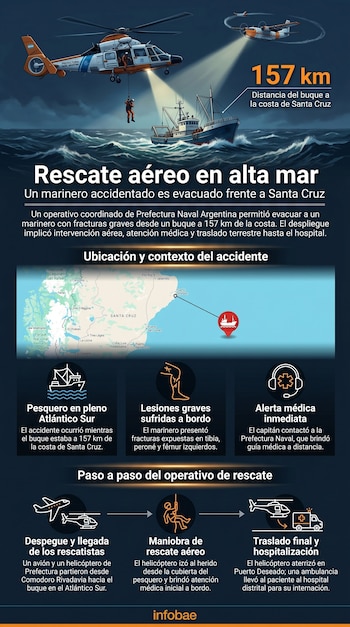 Ilustración de un helicóptero de la Prefectura Naval Argentina rescatando a un marinero de un pesquero en el mar, con un avión de apoyo y un mapa de Santa Cruz.