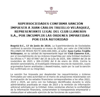 La Superintendencia de Sociedades ratificó una multa de $50 millones contra el representante legal de Club Llaneros - crédito Supersociedades