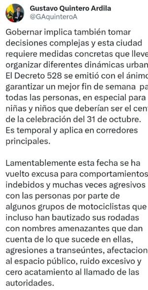 Secretario de Gobierno de Bogotá confirmó restricciones para los moteros en el puente festivo de Halloween - crédito @GAquinteroA/X
