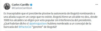 La designación de una gerente especial para Bogotá abrió una disputa política sobre los límites de la coordinación entre la Presidencia y la Alcaldía de Bogotá - crédito @CarlosCarrilloA/X