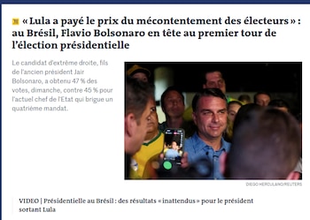 Captura de pantalla de una noticia digital en francés con el titular de Le Monde y una fotografía de Flavio Bolsonaro rodeado de simpatizantes