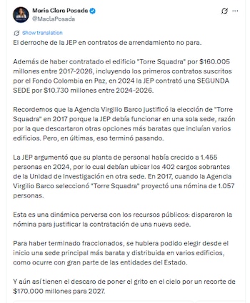 María Clara Posada alertó por los gastos en arrendamientos en sedes de la JEP - crédito @MaclaPosada/X