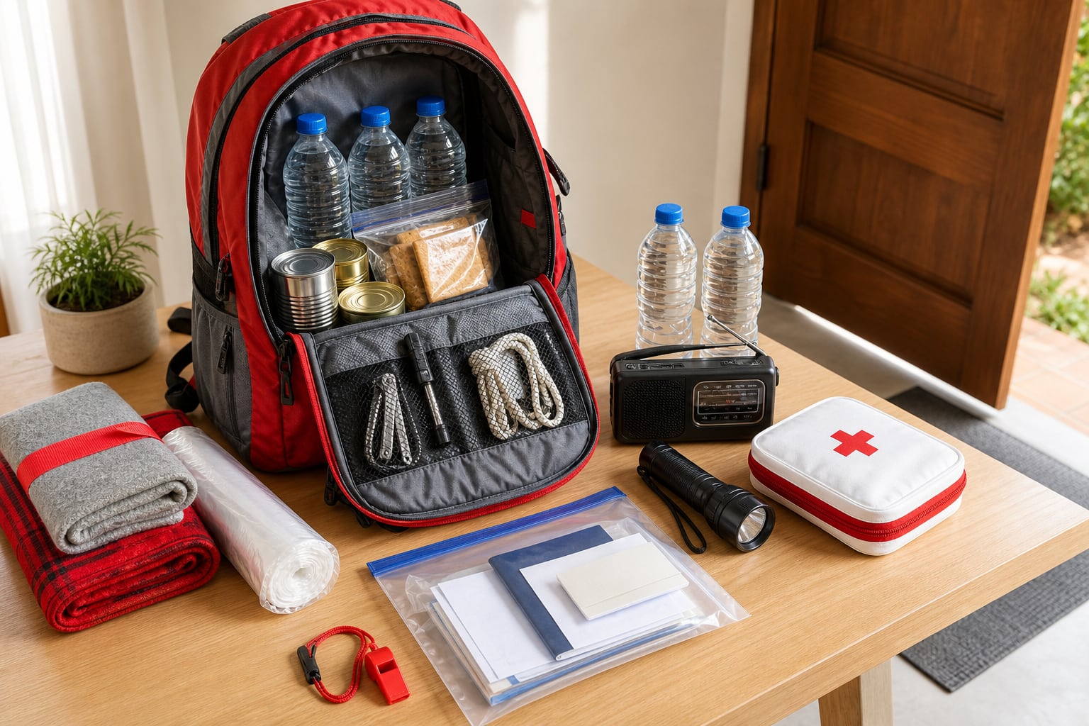 Una mochila de emergencia equipada con agua, alimentos no perecibles, botiquín y documentos ilustra la preparación básica ante desastres naturales. (Imagen Ilustrativa Infobae)