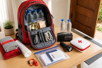 Una mochila roja abierta sobre una mesa de madera junto a botellas de agua, alimentos en lata, botiquín, linterna, radio y documentos.