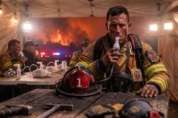 Un bombero con uniforme utiliza un nebulizador sobre una mesa de madera dentro de una carpa con luces y fuego al fondo