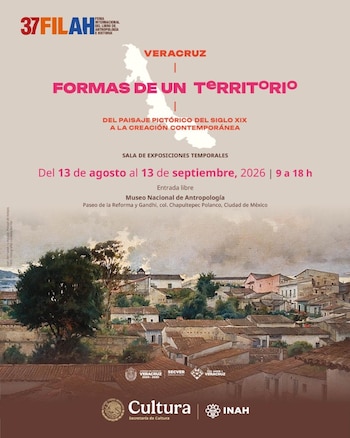 Póster publicitario con un mapa de Veracruz, el título "Formas de un Territorio", fechas de agosto a septiembre de 2026, y una pintura de un pueblo