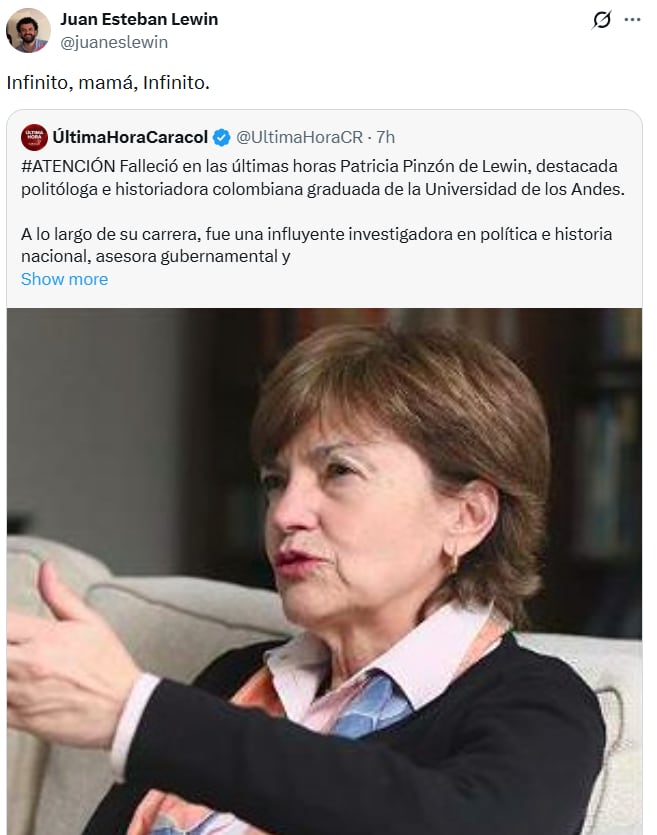 Su hijo, Juan Esteban Lewin, compartió un mensaje de “Infinito, mamá. Infinito” - crédito @juaneslewin/X