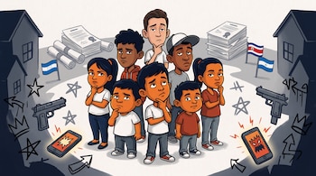 Caricatura de niños y adolescentes, casas sombrías, banderas de Honduras, Costa Rica y Nicaragua, pistolas, grafitis, folios jurídicos y teléfonos móviles.