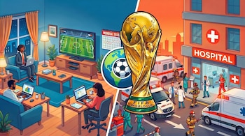 Una imagen dividida donde se ve gente en casa viendo fútbol y trabajando, y a la derecha un hospital con ambulancias y personal. Al centro, la Copa Mundial FIFA y un calendario con MUNDIAL 2026.