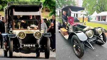 Dos fotografías de un automóvil antiguo negro Rolls-Royce Silver Ghost de 1910 con matrícula 5484-E exhibido en el exterior