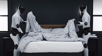 Dos robots humanoides Figure AI, con cuerpos blancos y detalles negros, hacen una cama con sábanas a rayas grises en un dormitorio oscuro y moderno