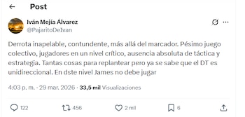 Post de Iván Mejía luego de la derrota ante la selección de Francia. James Rodríguez, uno de los señalados por el analista - crédito X