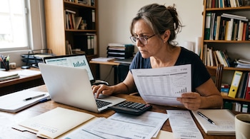 Mujer con anteojos sentada frente a una computadora portátil revisando documentos impresos, una calculadora y carpetas en un escritorio