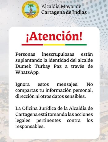 La Alcaldía de Cartagena alertó por suplantación del alcalde de Dumek Turbay vía WhatsApp - crédito Alcaldía de Cartagena