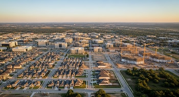Vista aérea panorámica de una ciudad de Texas con casas nuevas, edificios, calles, grúas de construcción y vegetación.