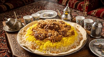 Bandeja grande con mansaf jordano sobre pan shrak, arroz amarillo, cordero, piñones, almendras, vapor, tazas, teteras, platos y cubiertos, sobre mesa de madera y alfombra.