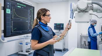 Una mujer con delantal plomado y gafas de seguridad sujeta un control remoto, frente a un monitor con gráficos y un equipo de Rayos X. Hay otra persona al fondo