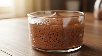 Vaso de vidrio transparente lleno de mousse de chocolate de color marrón oscuro con una textura espumosa y burbujas visibles, sobre una mesa de madera.