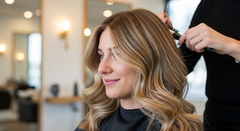 Mujer sentada con cabello rubio ondulado y mechones claros. Una persona le cepilla el cabello en un salón con espejos y luces.